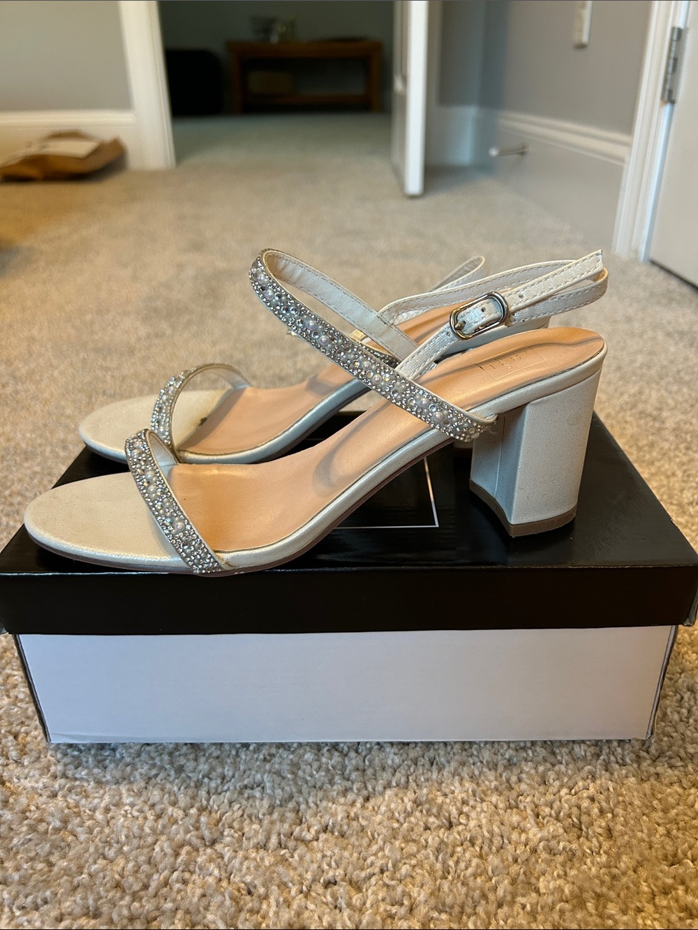 DB Studio White Rhinestone Block Heels - Picture 5 of 6